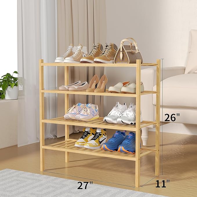 4 Tier Bamboo Shoe Rack for Closet Free Standing Wood Shoe Shelf for Entryway Small Space Stackable 27"x11"x26" (Natural)