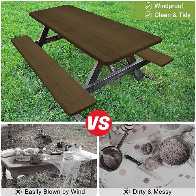 Picnic Table Cover with Bench Covers Camping Tablecloth with Storage Bag Windproof Waterproof Picnic Table Covers with Elastic for Camping