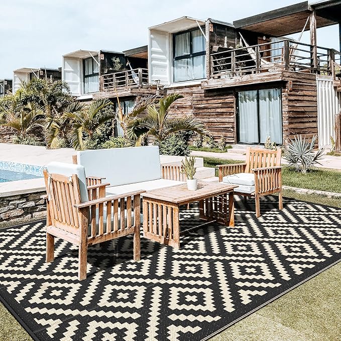 GENIMO Outdoor Rug for Patio Clearance, 10'x14' Waterproof Large Camping Mat, Reversible Plastic Straw Rugs for RV, Camper, Balcony, Backyard, Picnic, Deck (Black & Beige)