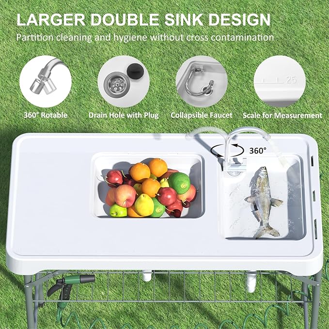 42.5" Fish Cleaning Table with Dual Sink, Portable Folding Camping Table with Faucet, Sprayer, Grid Rack, Hose Hook Up & Knife Groove, Outdoor Sink Station for Picnic Beach Patio