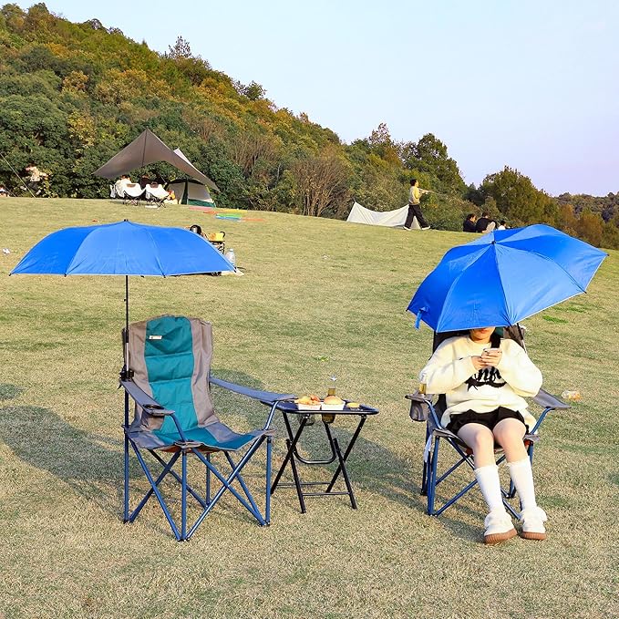 2 Pack Camping Chairs with Adjustable Umbrella-Folding Lawn Chair with American Flag Backrest-Heavy Duty Padded Camping Chair for Beach,Dark Green