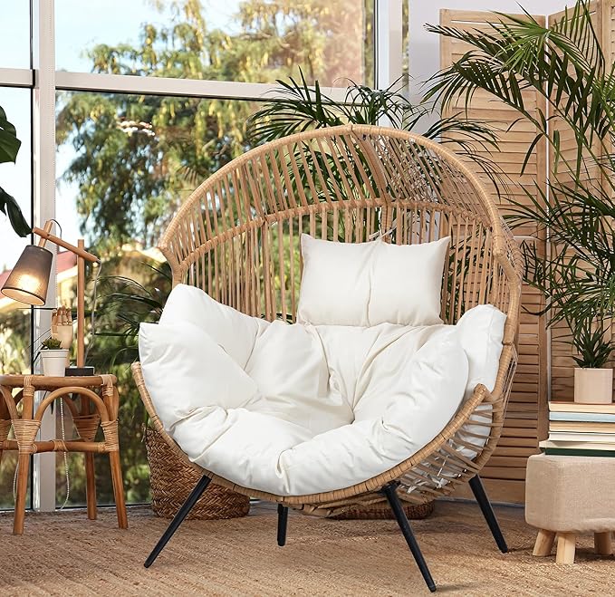 JAMFLY Egg Chair Wicker Outdoor Chairs, Oversized Patio Chair Oversized Lounger Chair with Cushion for Indoor Living Room, Bedroom, Outside Patio Backyard Balcony, Beige