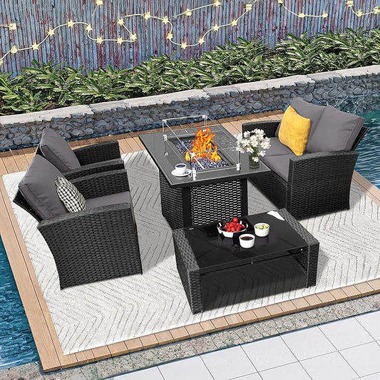 5 Piece Patio Furniture Set with 43" Propane Fire Pit Table, Outdoor Wicker Conversation Set, Rattan Modern Sectional Sofa Couch with Coffee Table for Backyard Porch Garden Poolside, Black-Grey