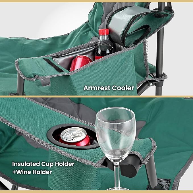 ARROWHEAD OUTDOOR Portable Folding Camping Quad Chair w/ 6-Can Cooler, Cup & Wine Glass Holders, Heavy-Duty Carrying Bag, Padded Armrests, Headrest & Seat, Supports up to 550lbs, USA-Based Support