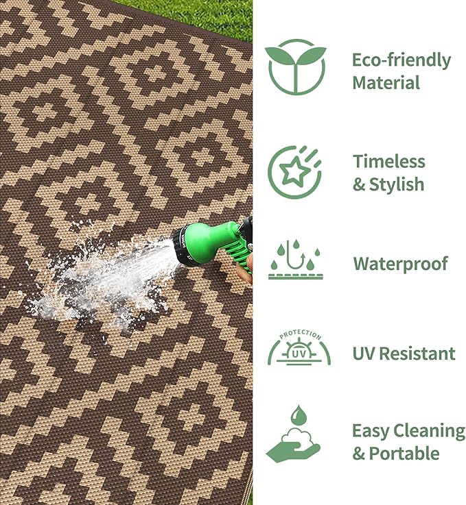 GENIMO Outdoor Rug for Patio Clearance, 6'x9' Reversible Plastic Straw Rugs, Lightweight Waterproof RV Camping Mat for Camper, Balcony, Deck, Backyard, Picnic, Coffee & Brown