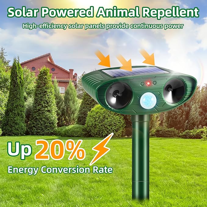 2 Pack 2025 Ultrasonic Solar Animal Repellent Outdoor,Squirrel Fortress Pro Deer Repellent Devices Motion Detection, Waterproof Cat Mouse Raccoon Dog Rabbit Deterrent for Garden Yard
