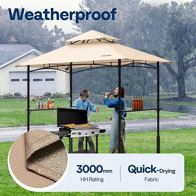 VIVOHOME Grill Gazebo Outdoor BBQ Patio Canopy Tent with Double Tiered Vented Top & 2 Side Shelves, Beige