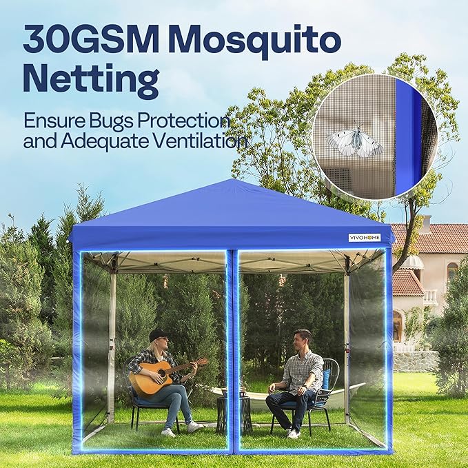 VIVOHOME 10x10ft Easy Pop-Up Canopy, Outdoor Screen Tent with Mosquito Netting, 2 Zipper Doors, and Roller Bag for Yard Camping Picnic Party Events, Blue