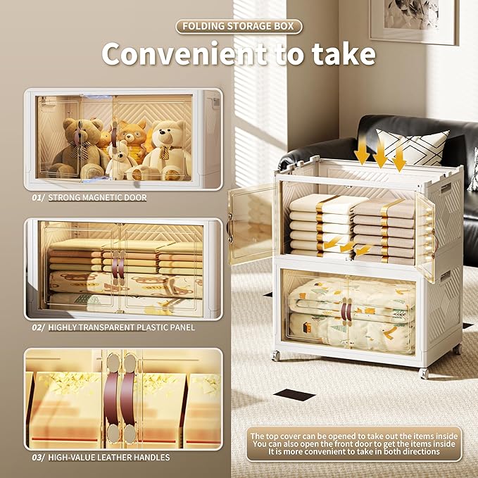 268 QT / 67 Gal Collapsible Storage Bins with Wheels & Magnetic Doors - Stackable Plastic Cabinet Organizer for Home, Garage, Closet (White Space-Saving Containers)