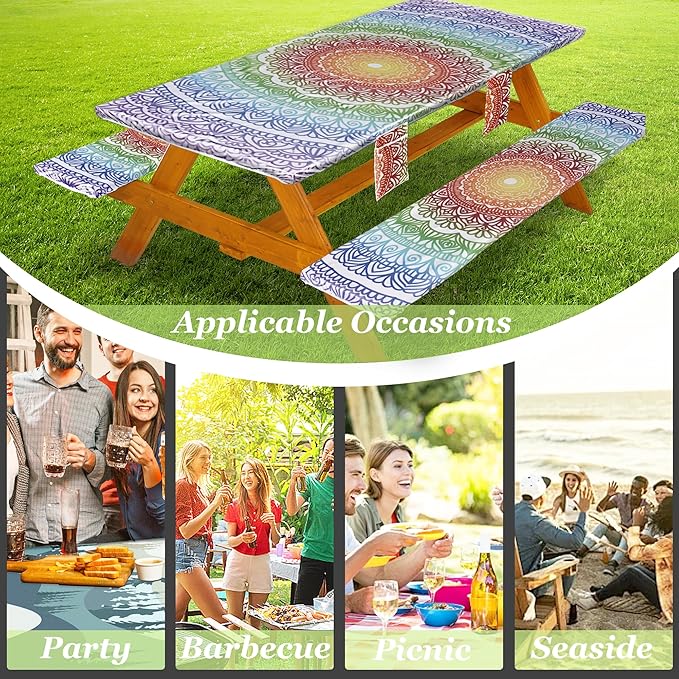 Picnic Table Cover with Bench Covers Vinyl Elastic Edges Fitted Rectangle Seat Tables Waterproof 3-Piece96X30in Set Outdoor Rectangular Folding Backing Tablecloth for Camping Over SizeTie-Dye 104