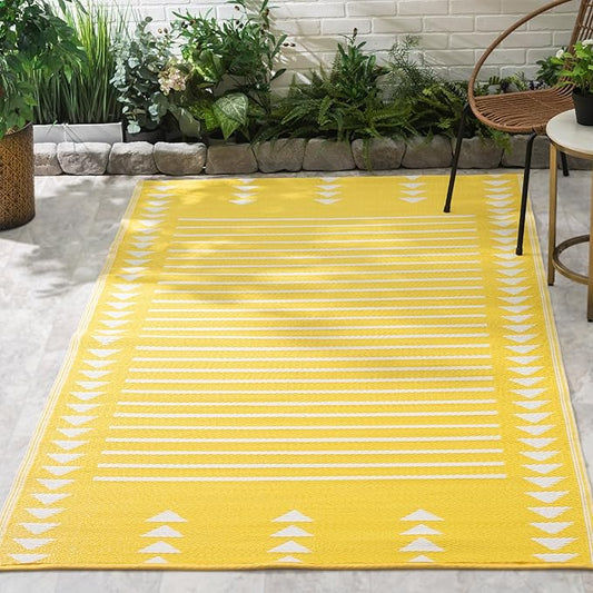 FH Home Outdoor Rug - Waterproof, Fade Resistant, Crease-Free - Premium Recycled Plastic - Geometric - Patio, Porch, Deck, Balcony - Hampton Stripe - Yellow Crease Free - 5 x 8 ft