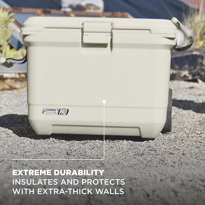 Coleman Pro Heavy-Duty, Desert Sand, 55qt Wheeled Ultra-Light Premium Hard Cooler, Extra-Thick Insulation Keeps Ice up to 5 Days, 92-Can Capacity, Heavy-Duty Wheels