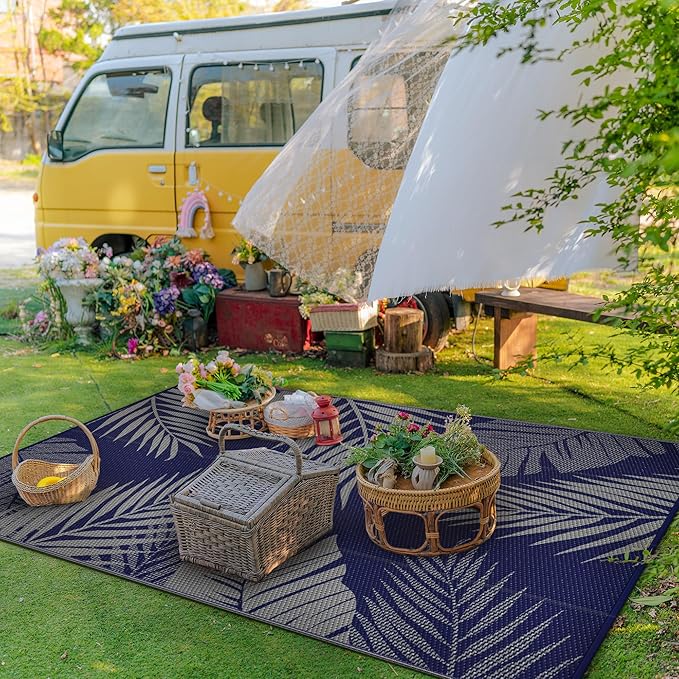 GENIMO Outdoor Rug 9' x 12' Waterproof for Patios Clearance, Reversible Outdoor Plastic Straw Camping Rug Carpet, Large Area Rugs Mats for RV, Camper, Deck, Balcony, Porch, Beach, Navy Blue&Grey