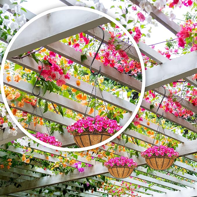 12 Pack Large S Hooks for Hanging Plants Black Metal Plant Hanger Outdoor Hanging Tree Hooks for Branch, Bird Feeder, Basket, Lantern, Indoor Closet Garden (12 Inch)