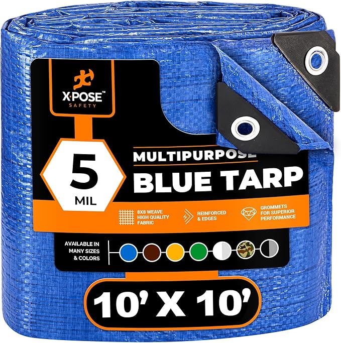 Better Blue Poly Tarp 10' x 10' - Multipurpose Protective Cover - Lightweight, Durable, Waterproof, Weather Proof - 5 Mil Thick Polyethylene - by Xpose Safety