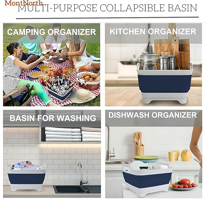 Collapsible Wash Basin 9L, Foldable Dish Tub with Drain Plug, Portable Collapsible Dish Basin, Camping Sink for Washing Dishes, Laundry & Kitchen Use (Navy Blue)