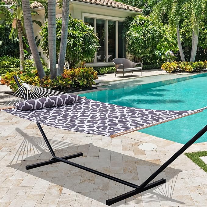 Lazy Daze Quilted Fabric Hammock with 12-Foot Stand, Double 2-Person Hammock with Pillow for Outdoor Outside Patio, Garden, Backyard, 450LB Capacity, Gray Print
