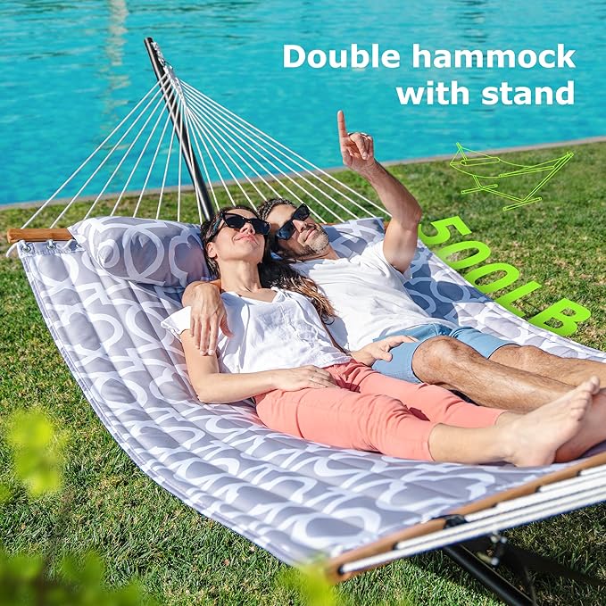 Double Hammock with Stand for Outdoor, Heavy Duty Portable Hammock with Adjustable Steel Stand for Patio, Garden, Beach, Backyard - Includes Carrying Bag,Round Gray