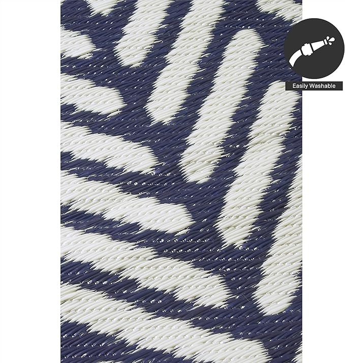 FH Home Outdoor Rug - Waterproof, Fade Resistant, Reversible - Premium Recycled Plastic - Herringbone - Large Patio, Deck, Sunroom, Camping, RV - Fresno - Navy Crease Free - 6 x 9 ft