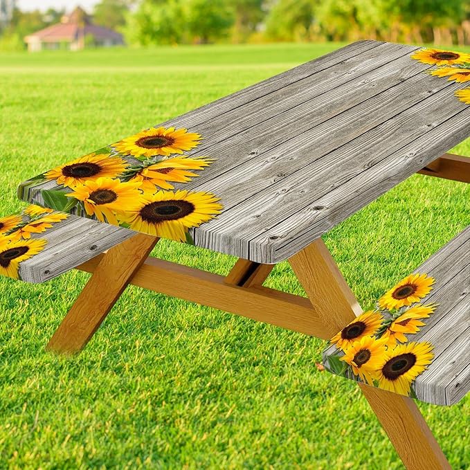 3 Pcs Sunflower Wooden Picnic Table Cover with Bench Covers,30X60 Inch Rustic Sunflower Waterproof Fitted Picnic Table Cloths Wood Texture Elastic Outdoor Picnic Tablecloth for Camping Patio Travel