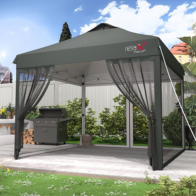 10x10 Pop Up Canopy Tent with Mosquito Netting, Outdoor Portable Screen Tent for Yard, Party, Camping and Picnic, 3 Height Positions, Patio Gazebo with Roller Bag and 4 Sandbags