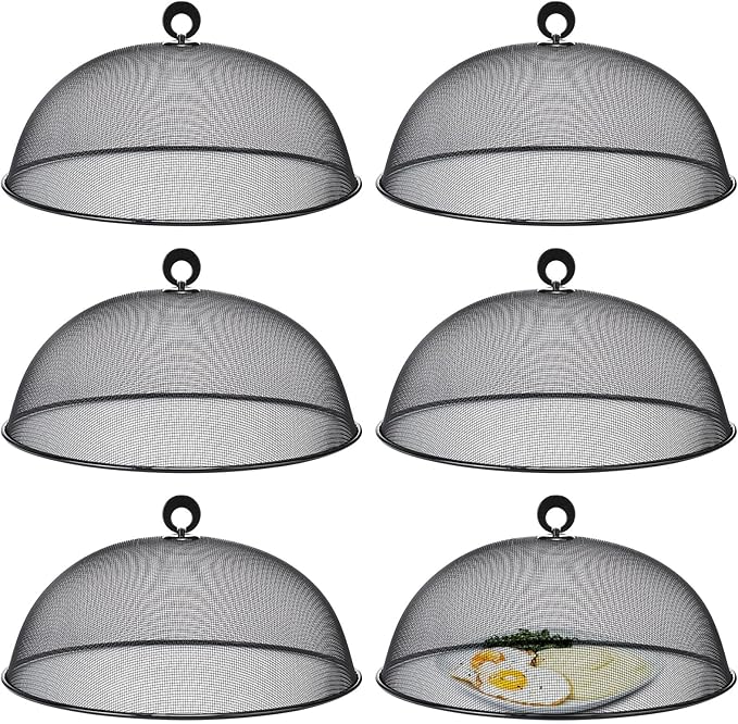 Gerrii 6 Pcs Metal Mesh Food Cover Outdoor Mesh Food Tents Dome Screen Plate Covers for Dinner Plates Reusable Fruit Fly Nets Picnic Food Umbrella for Table, BBQ, Camping, Party (Black,14 Inch)