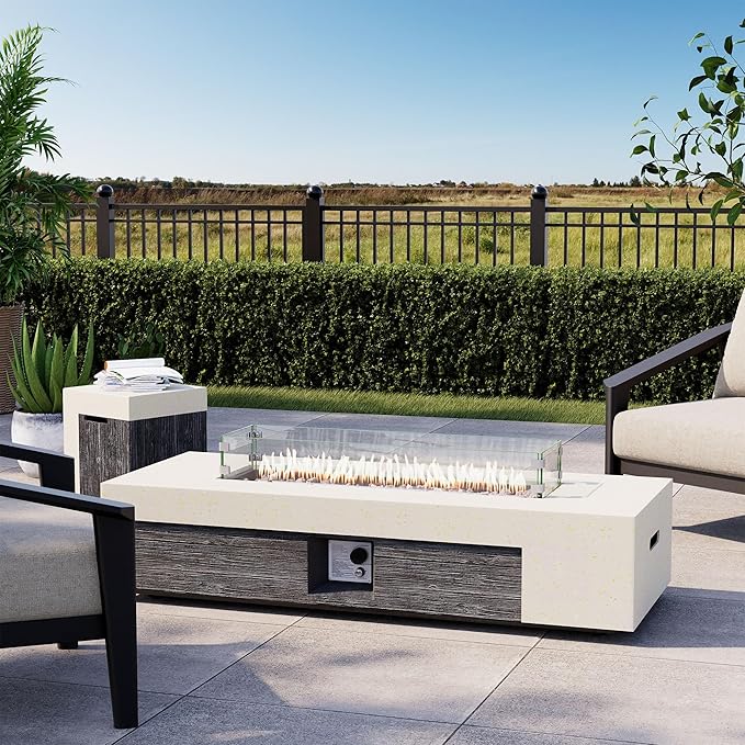 COSIEST 56" Outdoor Propane Fire Pit Table w Tank Cover & Wind Guard, Rectangle Gas Fire Pit Table with Concrete & Wood Grain Design, 50000BTU CSA Certified Fire Tables for Patio, Backyard, Garden