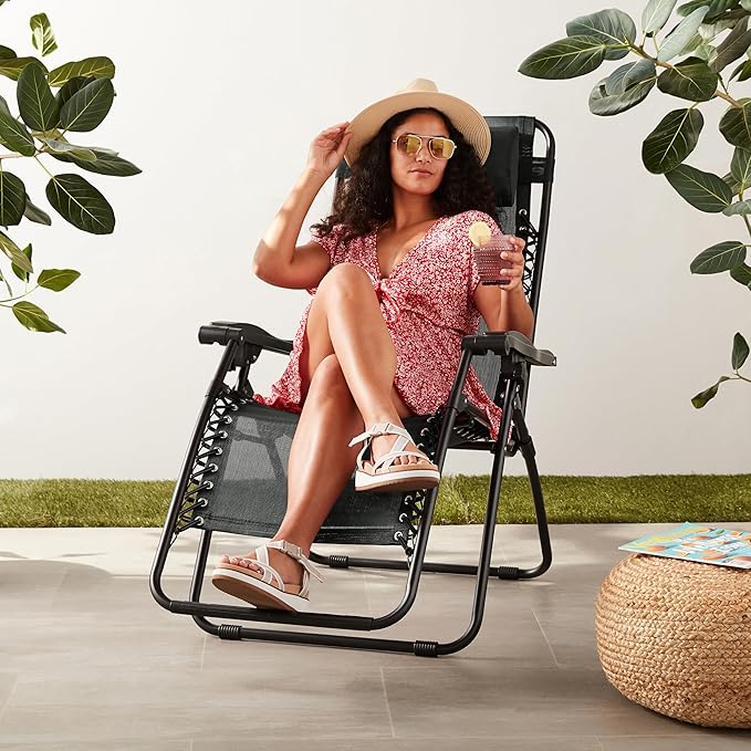 Amazon Basics Outdoor Patio Zero Gravity Lounge Chair with Pillow, Folding Reclining and Textilene Adjustable, Folding Lounge Lawn Chairs for Outside, 26", Black