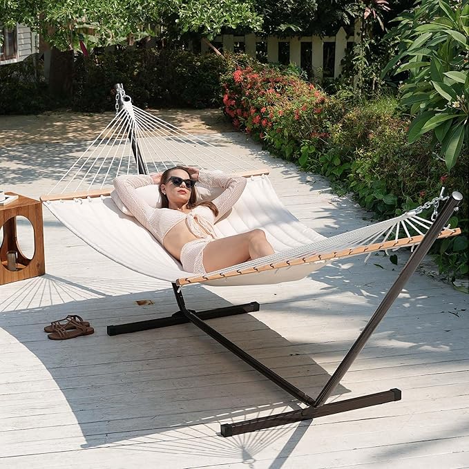Lazy Daze Hammocks Quilted Fabric Hammock with 12 Feet Stand, 2 People Double Hammock with Stand for Outdoor Indoor Patio Garden Backyard, 450 lbs Capacity, Beige