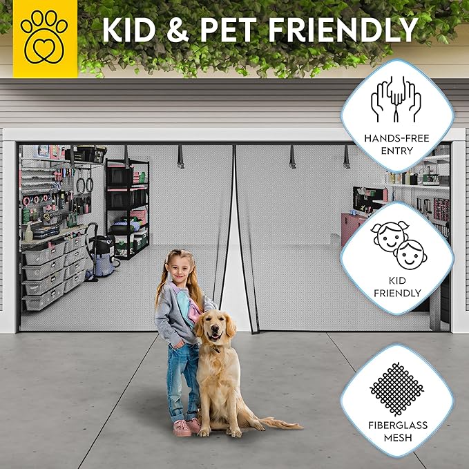 AUGO Garage Door Screen, 2 Car 16x7FT, Fiberglass mesh with Magnetic Closure, Heavy Duty Weighted Bottom, Easy Assembly & Pass, Hands Free Screen Door