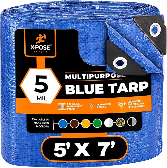Better Blue Poly Tarp - 5' X 7' - Multipurpose Protective Cover, Lightweight, Durable, Waterproof, Weather Proof - 5 Mil Thick Polyethylene - by Xpose Safety