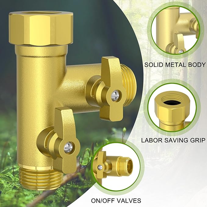 High Flow Solid Metal 2 Way ├ Type Garden Hose Splitter with Shut-Off Valves, 360 Degree Rotation 3/4" Spigot Faucet Connectors with 2 Extra Silicone Washers