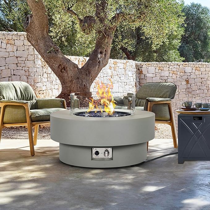32.5-inch Outdoor Gas Fire Pit with 20lb Propane Tank Cover Table & Wind Glass Shield,50,000BTU Propane Gas Fire Pits for Outside Patio w/Round Burner Lid, Glass Rocks