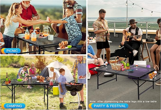 Folding Family Camping Table with 2 Wing Panels, Metal Grill Table with Mesh Tabletop, 2 Adjustable Heights, Large Picnic & Outdoor Table, 2 Side Shelves, Lightweight (4.4 FT, Black)