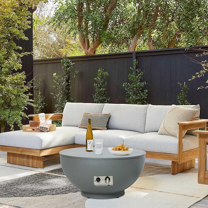 28-Inch Fire Table, 50,000 BTU Oudoor Propane Fire Pit, Patio Round Fire Bowl Gas Fire Pit Fireplace Firepit with Lid, Lava Rocks, Cover, Pre-Attached 10FT Propane Hose, Gray