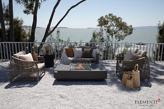 Elementi+ | Bundle Cannes Gas Fire Pit Cast Concrete 60" Rectangular Fire Table, Outdoor Fire Pit Electronic Ignition | Canvas Cover, Fire Glass and Burner Lid Included | Dark Gray | Natural Gas
