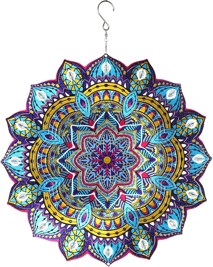 Exhart Wind Spinner, Starburst Mandala Wind Sculpture, 3D Laser Cut Patterns with Bead Details, Metal Outdoor Garden Decoration, Multicolor Lawn and Yard Art, 12 Inch