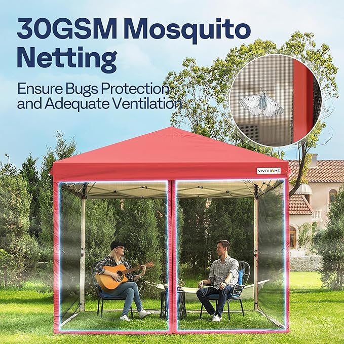 VIVOHOME 10x10ft Easy Pop-Up Canopy, Outdoor Screen Tent with Mosquito Netting, 2 Zipper Doors, and Roller Bag for Yard Camping Picnic Party Events, Red