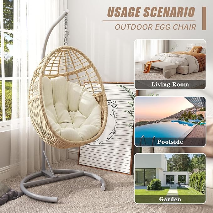 TWT Hanging Egg Chair with Stand, 330lbs Capacity Patio Wicker Egg Swing Chair with UV Resistant Cushion for Bedroom Garden Indoor Outdoor (Beige)