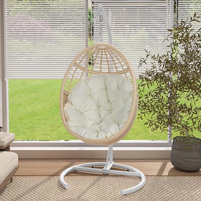 TWT Hanging Egg Chair with Stand, 330lbs Capacity Patio Wicker Egg Swing Chair with UV Resistant Cushion for Bedroom Garden Indoor Outdoor (Beige)