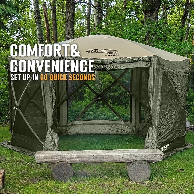 CLAM Pop Up Screen Tent, Outdoor Camping Gazebo Canopy, Pavilion, 12.5', Green/Tan - Heavy-Duty Portable Screened Shelter with Netting for Beach, Patio, and Backyard