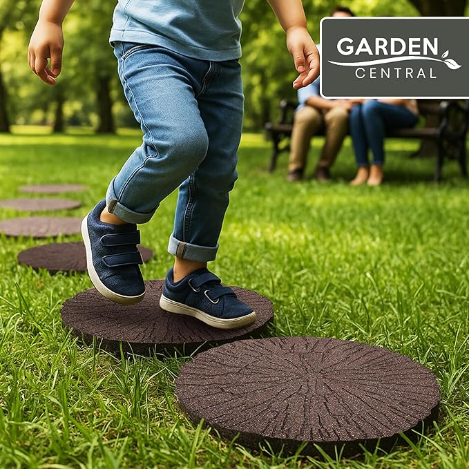 Garden Central 4-Pack 18”x18” Fake Cracked Log Rubber Stepping Stones, Round, Brown – Reversible Non-Slip Outdoor Faux Decorative Set for Landscaping – DIY Decor for Walkways & Yard Pathways