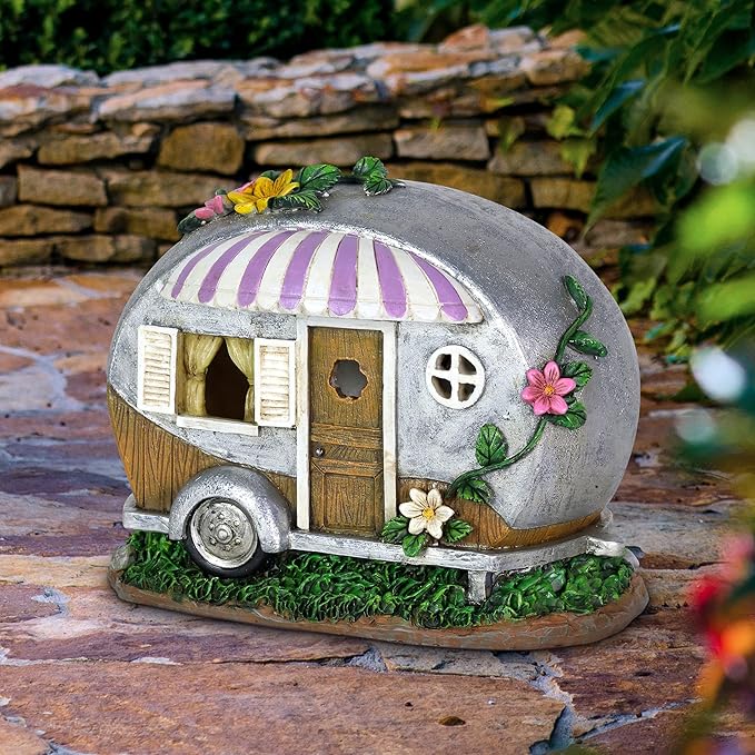 Exhart Garden Sculpture, Solar Camping Trailer with Lavender Awning Garden Statue, LED Lights, Outdoor Garden Decoration, 5 x 9 x 6 Inch