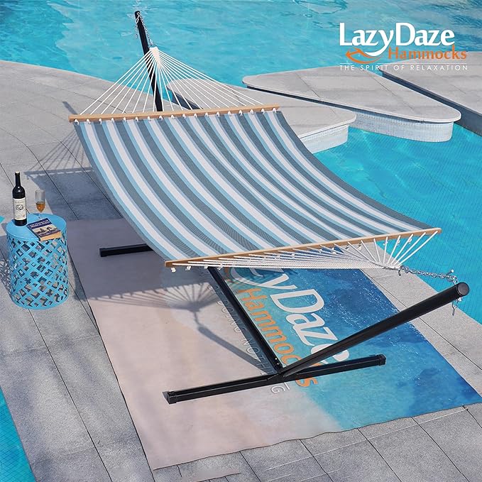 Lazy Daze Hammocks Quick Dry Hammock with Spreader Bar Textliene Fabric Double Outside Hammock with Chains Outdoor Patio Poolside Backyard Beach 450 lbs Capacity, Blue White Stripes