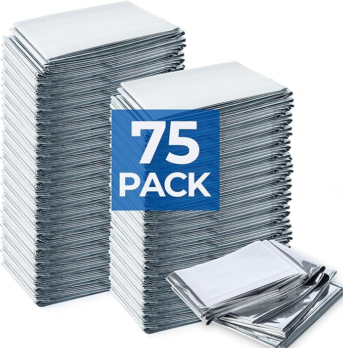 Emergency Blankets (75 Packs, 84" L x 52" W) Mylar Thermal Blankets for Survival and Protection,Space Blanket Survival Kits Camping Blanket, Ideal for Outdoors, Hiking, Survival, Marathons