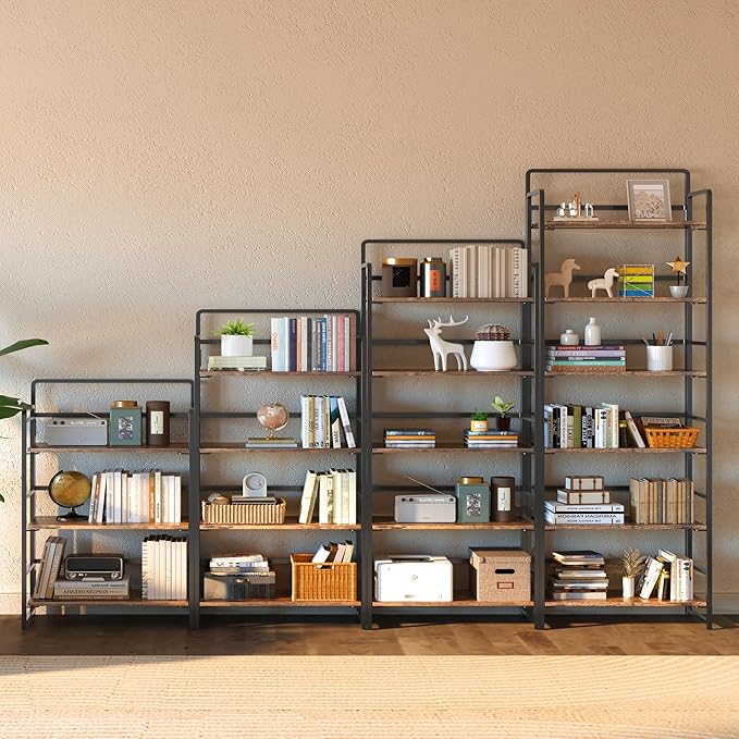 4NM No-Assembly 6 Tiers Folding Bookshelf Storage Shelves Vintage Bookcase Standing Racks Study Organizer Home Office (Rustic Brown Black)