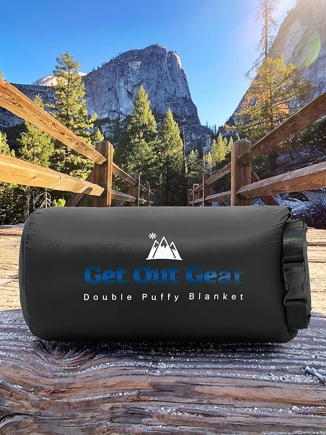Double Puffy Camping Blanket - Extra Puffy, Packable, Lightweight and Warm | Ideal for Outdoors, Travel, Stadium, Festivals, Beach, Hammock | Water-Resistant Camp Quilt (Black/Blue)