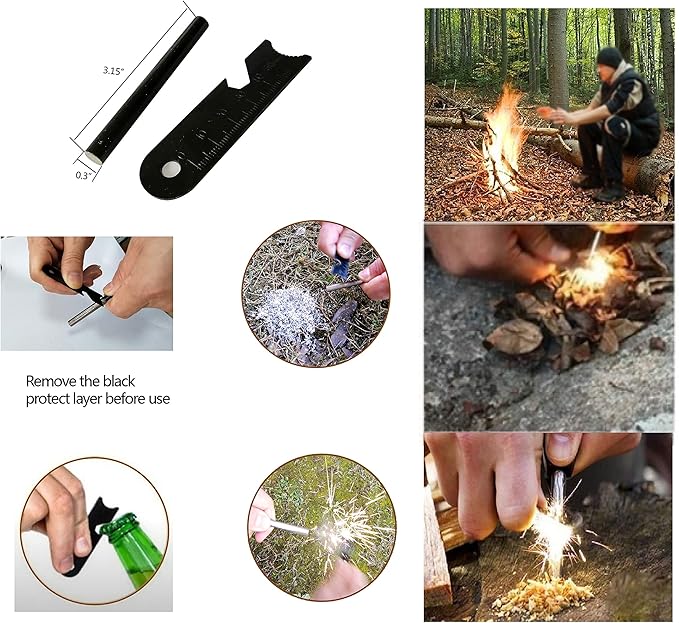 Fire Starter Kit – 12 Magnesium Bags (2.3" x 3.5") + 3.15" Ferro Rod (12,000+ Strikes) + 2X 0.3 x 4 Waxed Rope (24 Min Burn) – Survival Kit in Waterproof Tin for Camping, Hiking, Bug Out