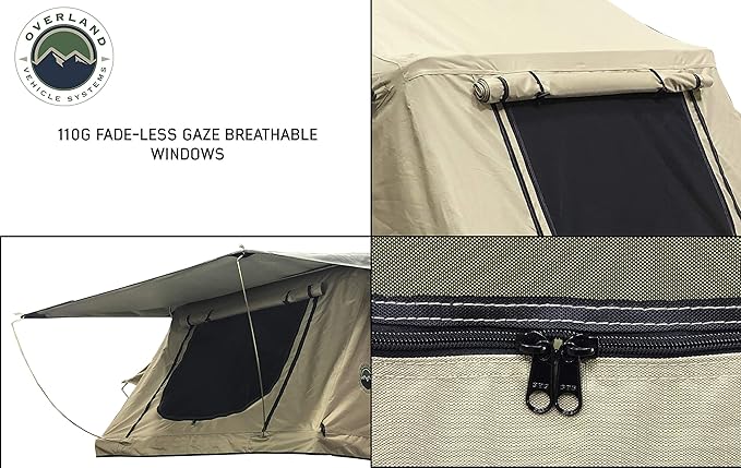 Overland Vehicle Systems TMBK 3 Person Roof Top Tent with Rain Fly Tan Body & Green Rainfly - Black Aluminum Base with Black Ladder - Universal Fitment