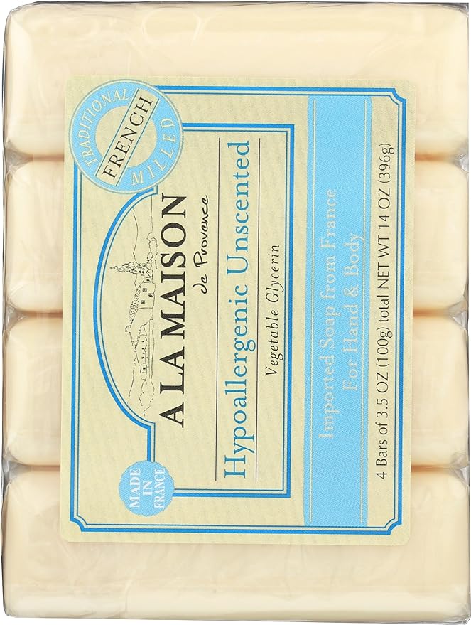 A LA MAISON Hypoallergenic Unscented Bar Soap - Triple French Milled Natural Moisturizing Hand Soap Bar (4 Bars of Soap, 3.5 oz)